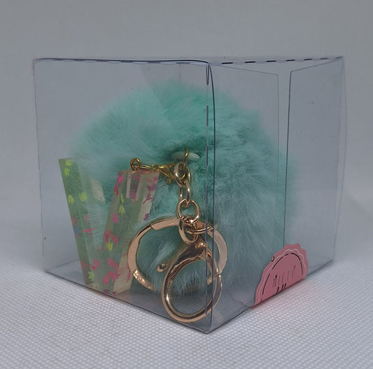 Custom Resin Letter Keychain With a Turquoise Pom Pom - V - Little Tokyo SA
