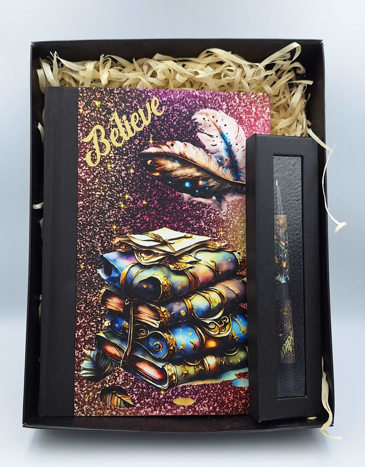 Custom printed notebook with quote and matching pen by Nifty Lil Things, featuring a sleek cover and elegant writing tools.