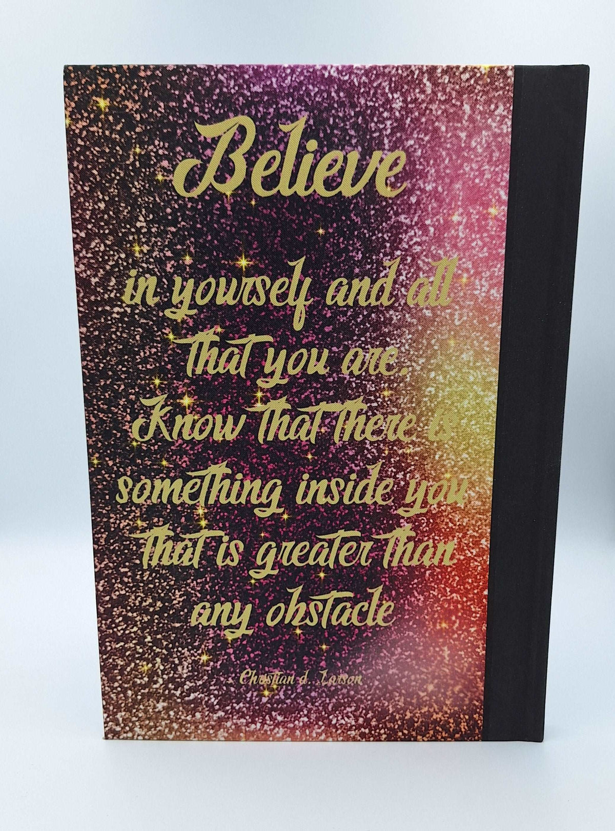 Custom printed notebook with quote and matching pen from Nifty Lil Things, featuring a sleek cover and included writing instrument.