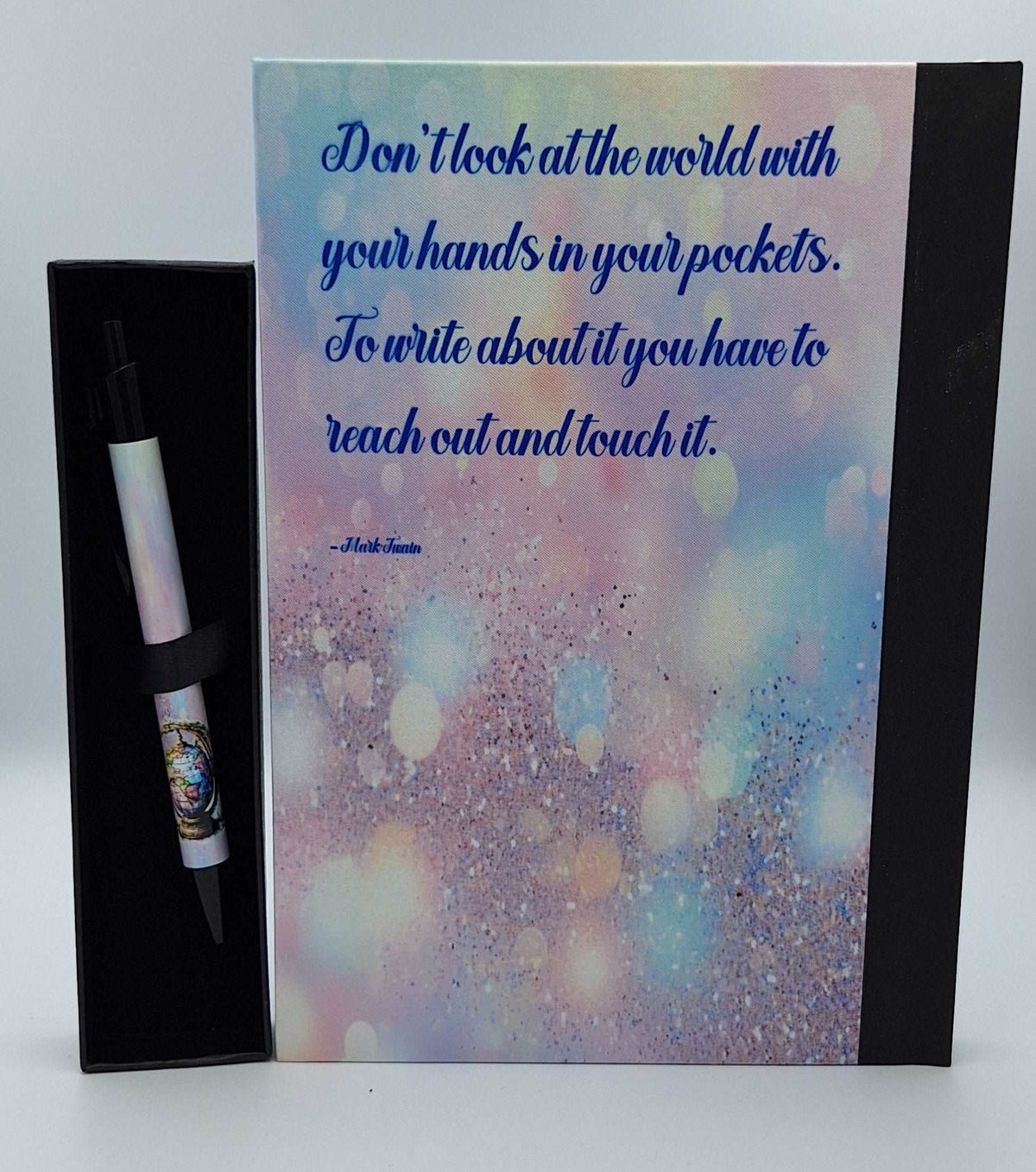 Custom printed notebook with quote and matching pen from Nifty Lil Things, featuring a sleek design and inspirational text.