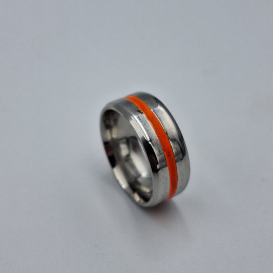 Stainless Steel 8mm Ring With Orange Stripe - Size 8 - Little Tokyo SA