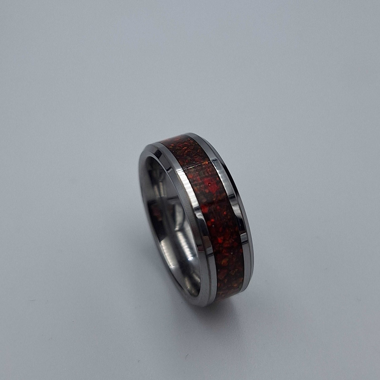 Tungsten Metal 8mm Ring With Crushed Opals - Size 11