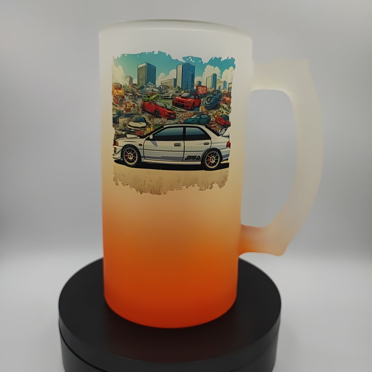Custom printed frosted glass beer mug by Nifty Lil Things with a clear design and sturdy handle, perfect for beer enjoyment.