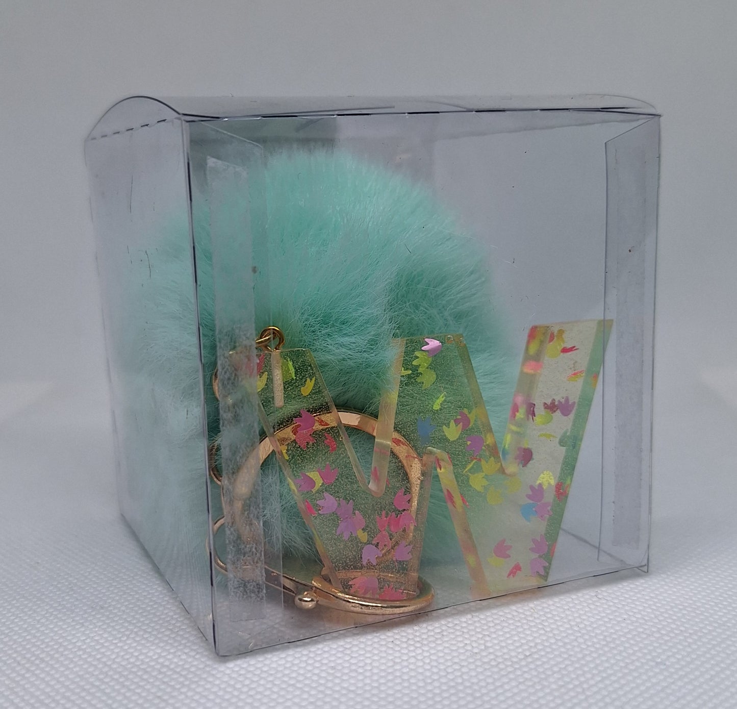 Custom Resin Letter Keychain With a Baby Blue Pom Pom - W - Little Tokyo SA