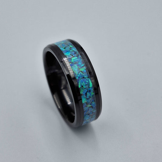 Black Ceramic 8mm Ring With Crushed Opals - Size 12