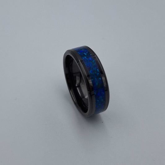 Black Ceramic 8mm Ring With Crushed Opals - Size 13