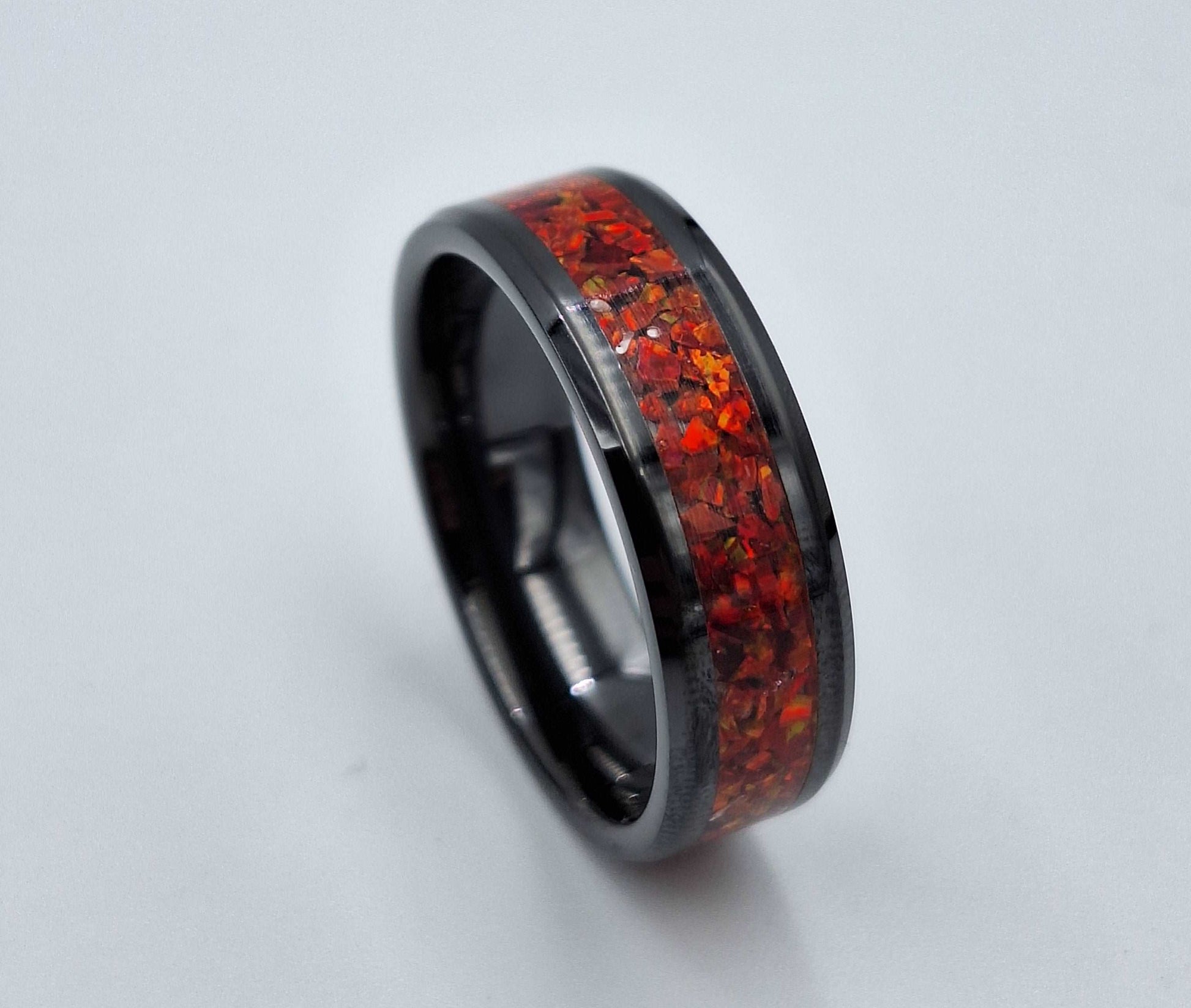 Black Ceramic 8mm Ring With Crushed Opals - Size 14