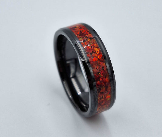 Black Ceramic 8mm Ring With Crushed Opals - Size 14