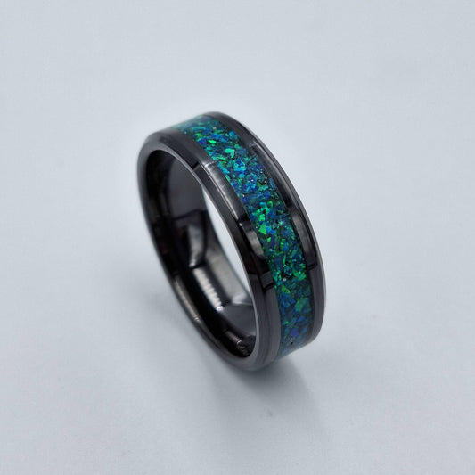 Black Ceramic 8mm Ring With Crushed Opals - Size 14