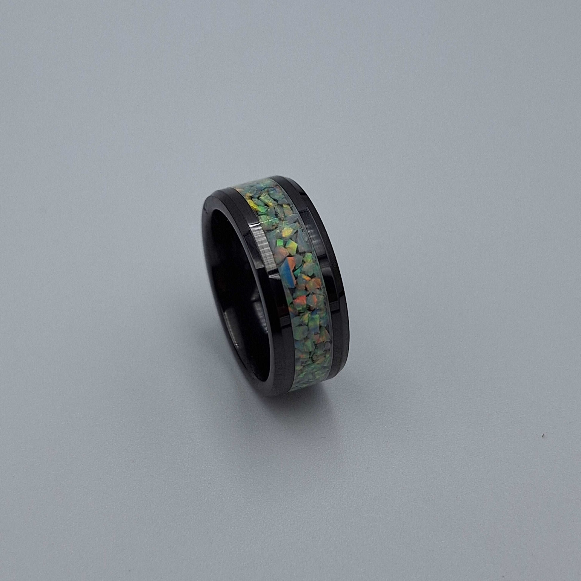 Black Ceramic 8mm Ring With Crushed Opals - Size 7