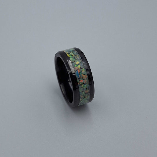 Black Ceramic 8mm Ring With Crushed Opals - Size 7