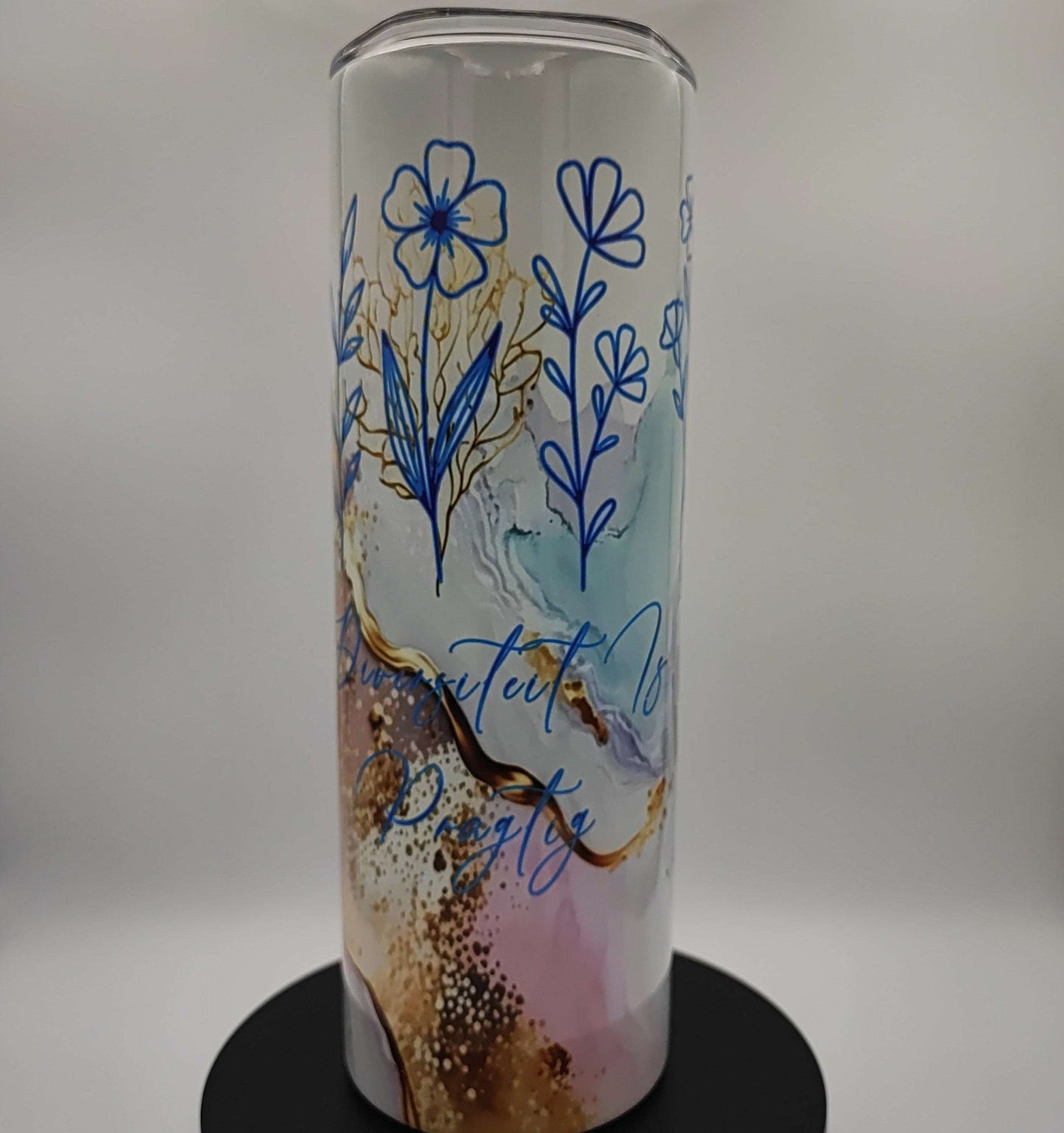 Custom printed 20oz Nifty Lil Things travel mug with a handle, suitable for hot and cold beverages, featuring vibrant design.