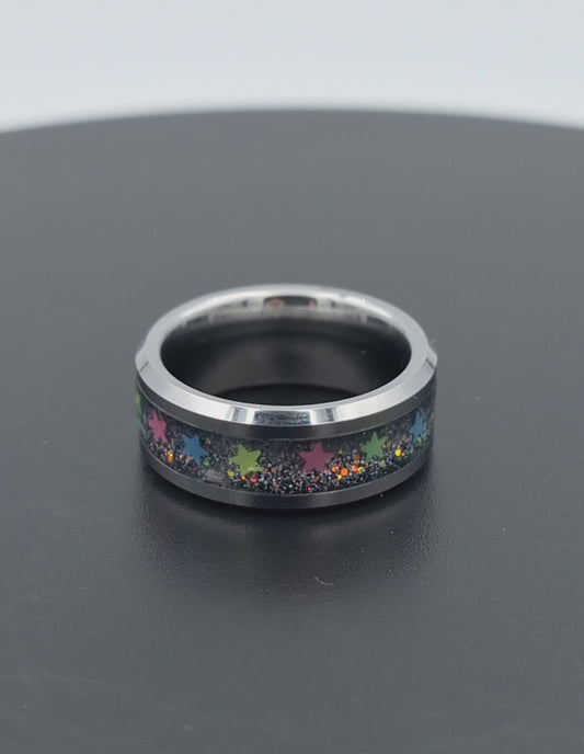 Tungsten Metal 8mm Ring With Glitter & Multicolored Stars - Size 6