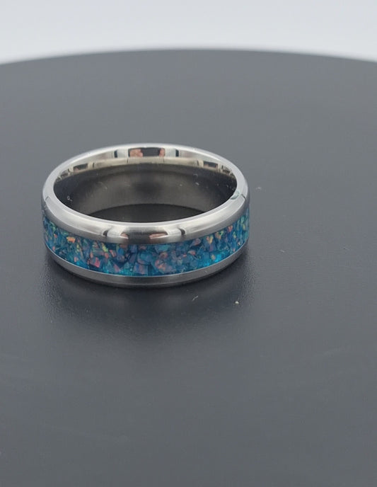 Custom Handmade Stainless Steel 8mm Ring With Crushed Opals - Size 11