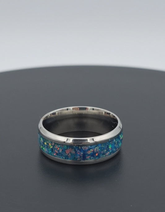 Custom Handmade Stainless Steel 8mm Ring With Crushed Opals - Size 10