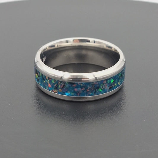 Custom Handmade Stainless Steel 8mm Ring With Crushed Opals - Size 11