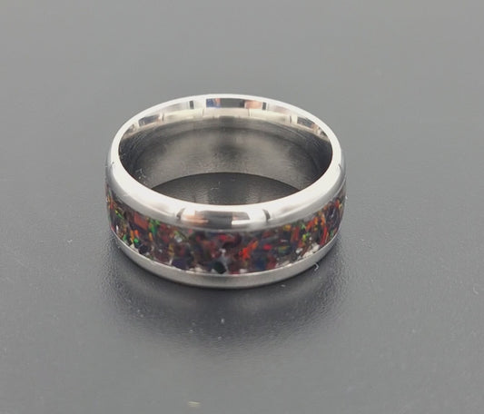 Custom Handmade Stainless Steel 8mm Ring with Crushed Opals - Size 7