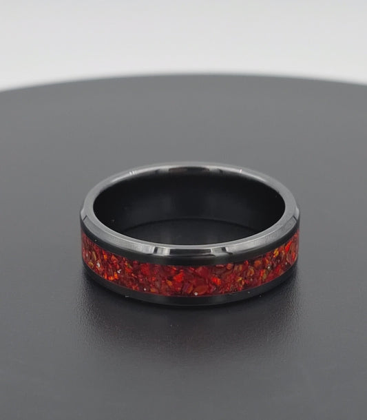 Custom Handmade Black Ceramic 8mm Ring With Crushed Opals - Size 14