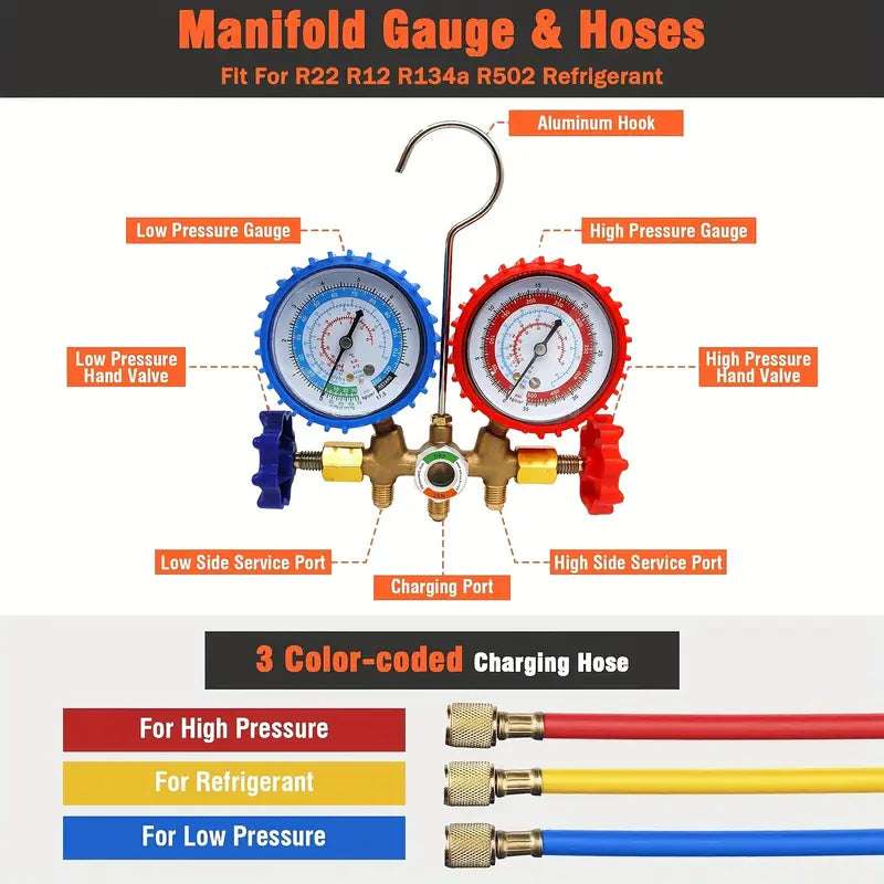 1 Set AC Refrigerant Gauge Set for R134a, R12, R22, R502