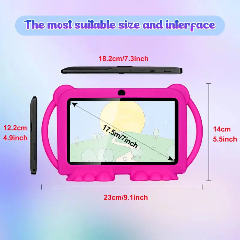 Pink Temu Android tablet with 17.78 cm screen, 32GB ROM, 2GB RAM, designed for kids, running Android 15.0.