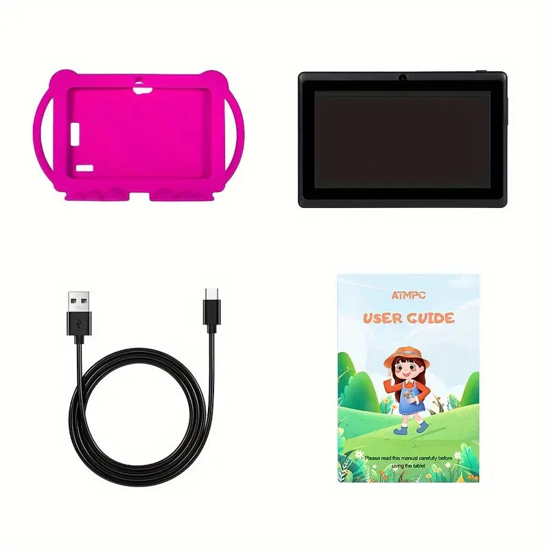 Pink Temu Android tablet with 17.78 cm screen, 32GB ROM, 2GB RAM, designed for kids, running Android 11.0.