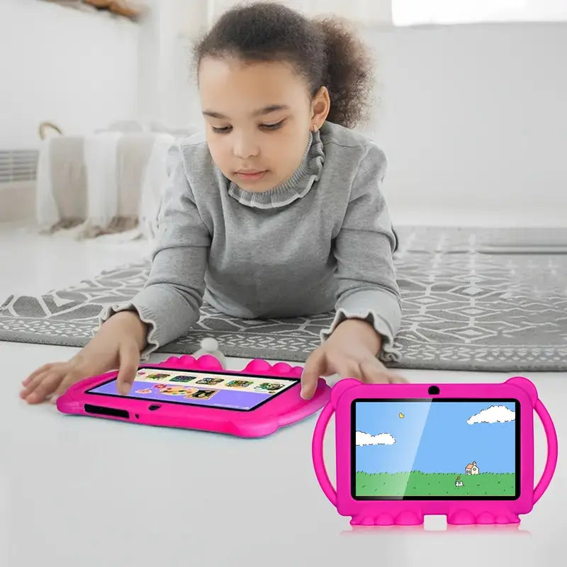 Pink Temu Android tablet with 17.78 cm screen, 32GB storage, 2GB RAM, designed for kids, running Android 11.0.