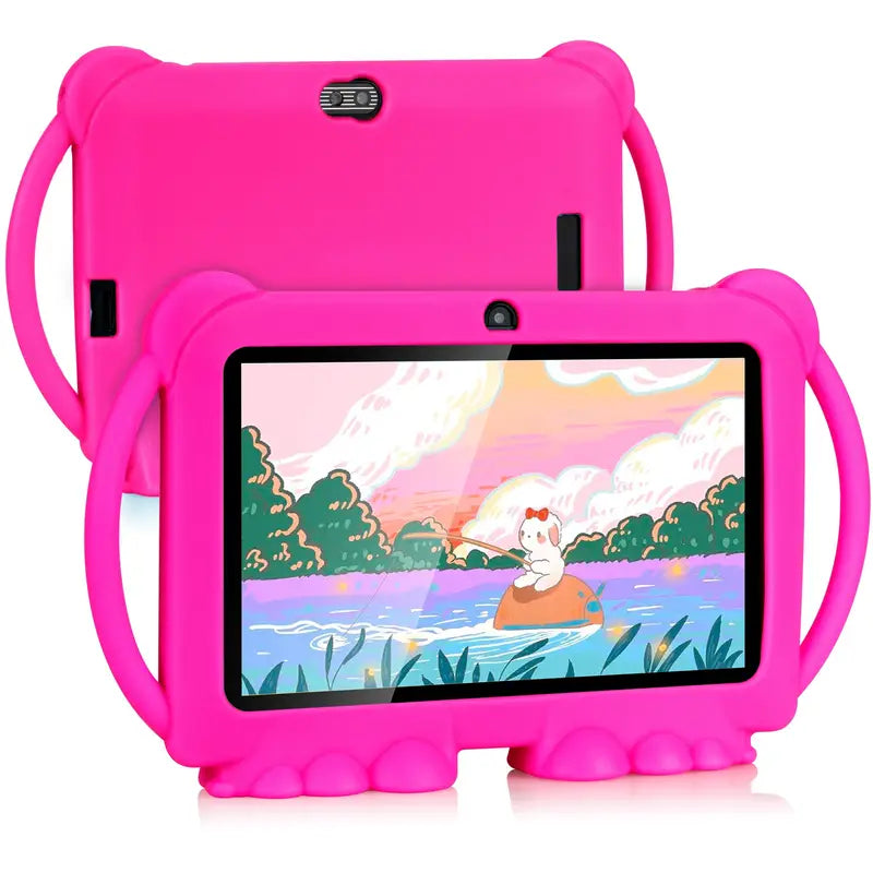 Pink Android tablet with 17.78 cm screen, 32GB ROM, 2GB RAM designed for kids, running Android 15.0 operating system.