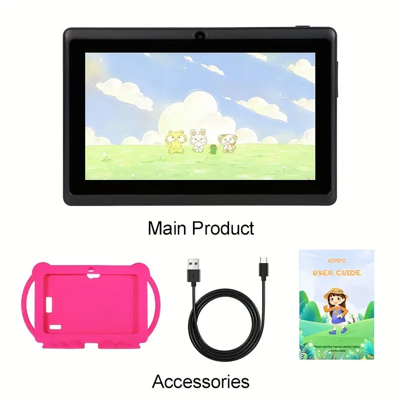 Pink Temu Android tablet with 17.78 cm screen, 32GB ROM, 2GB RAM, designed for kids, running Android 11.0.