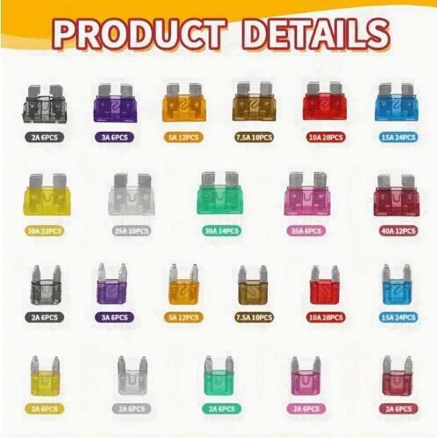 300-piece Temu car blade fuse assortment kit with 2A to 40A fuses, including various sizes for automotive electrical protection.