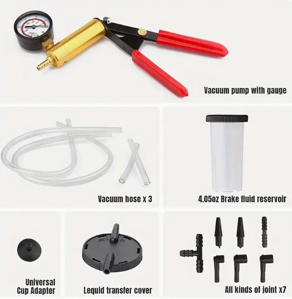 Temu 2-in-1 handheld vacuum brake bleeder kit for brake fluid bleeding, includes hoses and tools for automotive brake maintenance.