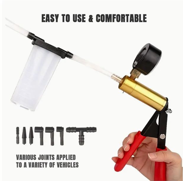 Temu 2-in-1 hand-held vacuum brake bleeder kit with hoses and tools for efficient brake fluid bleeding and maintenance.