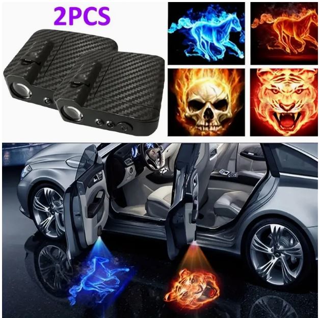 2PCS 3D wireless car door LED projector lights with blue horse design, used as welcome lights for vehicles.