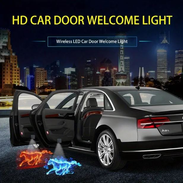 Two PCS 3D wireless car door LED projector lights with Fire Horse design, illuminating the car door area for a stylish welcome.