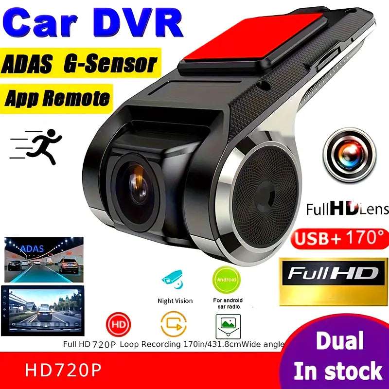Temu 720P HD on-dash car DVR camera mounted inside vehicle, compatible with Android radio for recording driving footage
