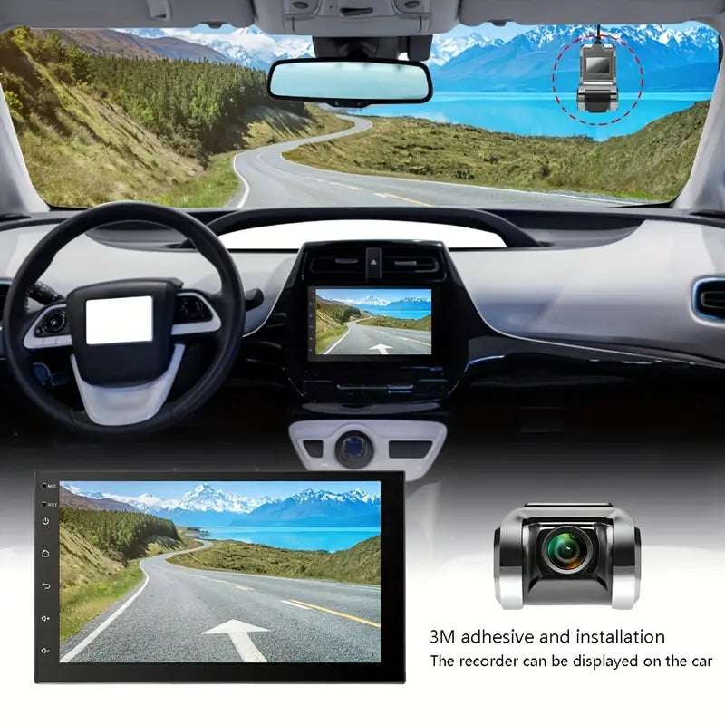 Temu 720P HD on-dash car DVR camera mounted in vehicle dashboard, compatible with Android radio for vehicle recording.