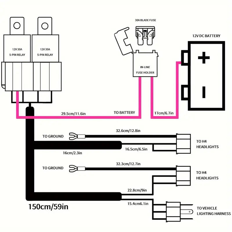 Temu H4 headlight relay wiring kit for car lighting harness with easy installation and robust wiring connections.