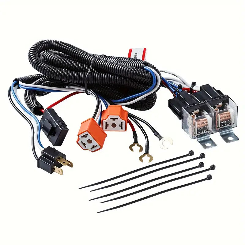 Temu Easy-Install H4 Headlight Relay Wiring Kit for car lighting harness, featuring durable wiring and secure connection components.