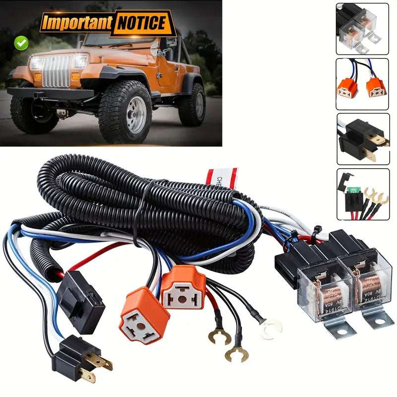 Temu H4 headlight relay wiring kit for car lighting harness, easy to install with durable wiring and connectors.