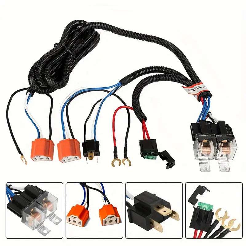 Temu H4 headlight relay wiring kit for car lighting harness, easy to install and improve headlight performance.