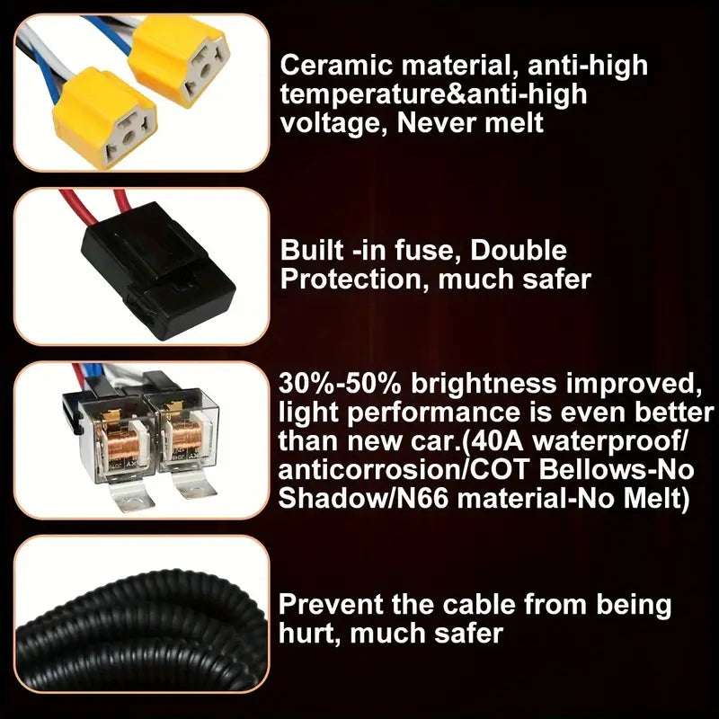 Temu car lighting harness with Easy-Install H4 headlight relay wiring kit, featuring durable wiring and connectors for improved headlight performance.