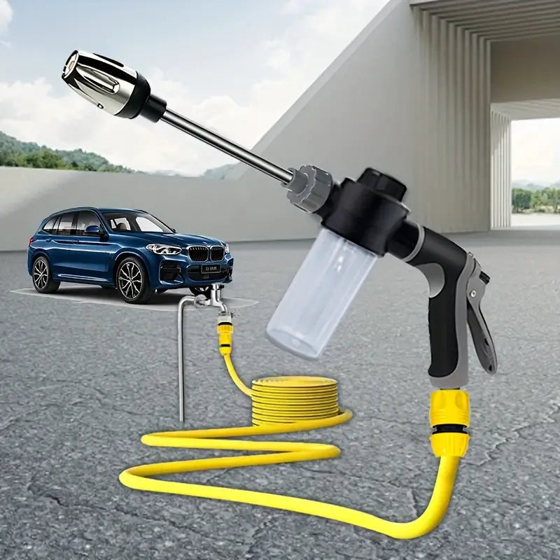 Temu high-pressure car washer spray gun with foam tank, showcasing durable plastic body and adjustable nozzle for versatile cleaning.
