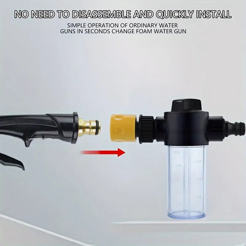 Temu multi-functional high-pressure car wash spray gun and foam tank set attached to a car for cleaning.