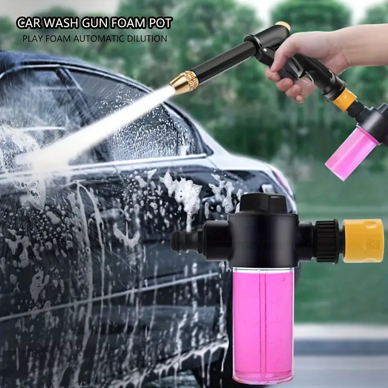 Temu multi-functional high-pressure car wash spray gun with foam tank set, showing the spray gun and foam tank for vehicle cleaning.