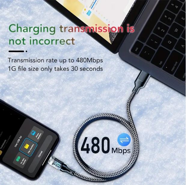 Temu 2m 120W Powerhouse Charge Cable with real-time LCD display, durable USB Type-C, 6Amp super fast charging.