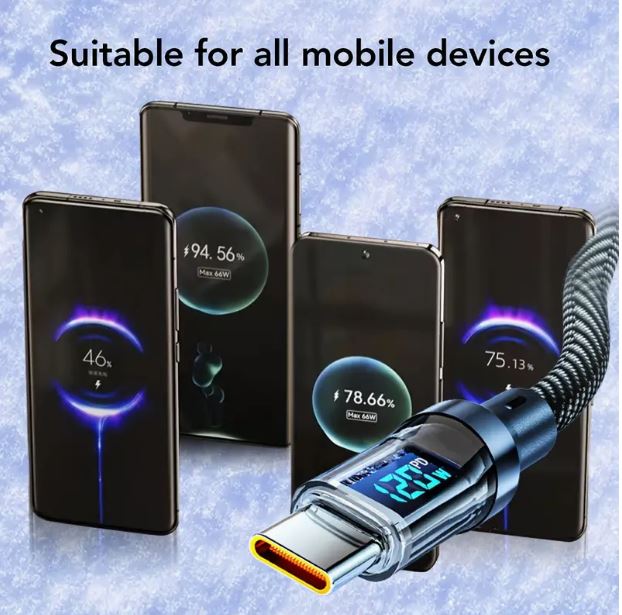 Temu 2m 120W USB Type C power charge cable with LCD display, durable design, 6Amp super fast charging, ideal for high-power devices.