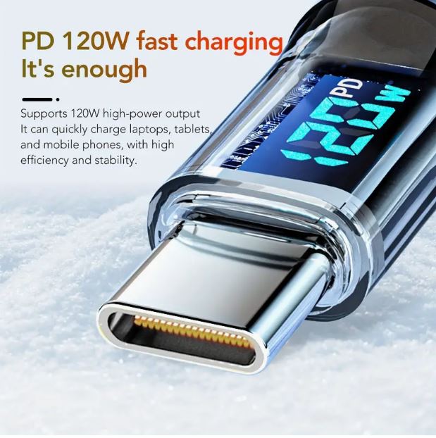 Temu 2m 120W USB Type C Powerhouse Charge Cable with 6Amp super fast charging and real-time LCD display, durable construction.
