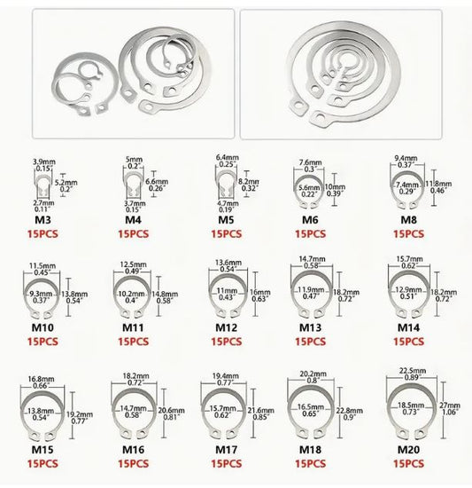 225pcs C-Clips External Fixing Ring Kit - Little Tokyo SA