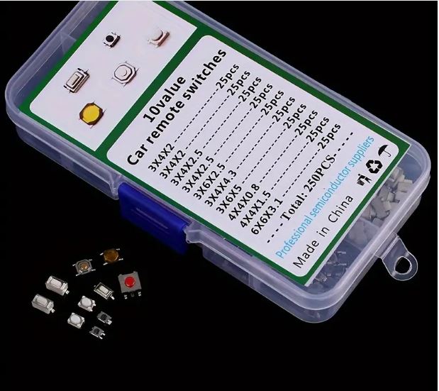 250-piece Temu tactile push button switch kit with 10 different types for electronic components and DIY projects.