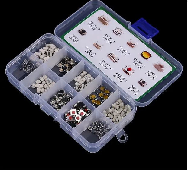 Set of 250 tactile push button switches in 10 types, featuring Temu electronic components for DIY and circuit projects.
