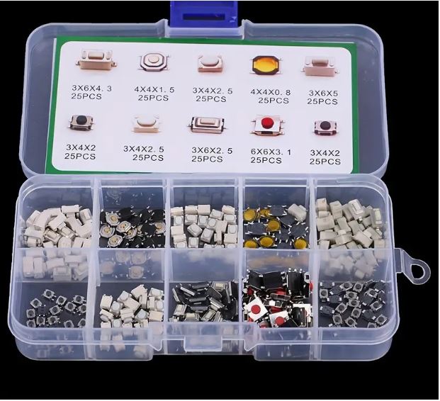 250pcs Temu tactile push button switch kit with 10 different types, electronic components suitable for DIY projects and circuit design.